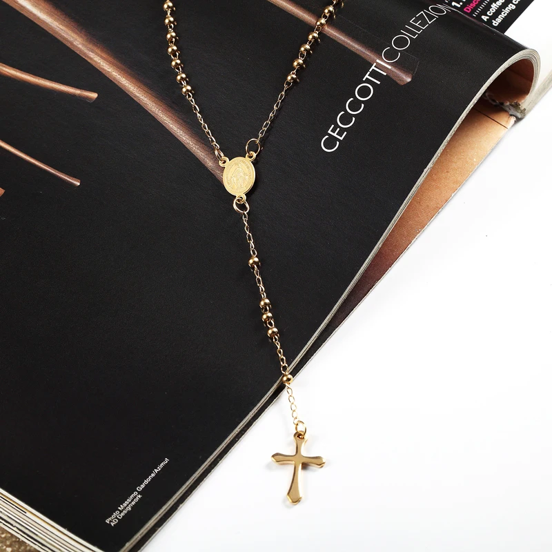 Classic Mary / Jesus Hanging Long Chain Cross Necklace Pendant Titanium Steel High Quality Bead Necklace Jewelry Gift For Women