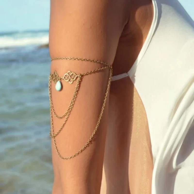 Bohemian Arm Chain Shoulder Bracelet Women Vintage Jewelry Gothic Teardrop Tassel Upper Beach Arm Bracelet Harness Shellhard