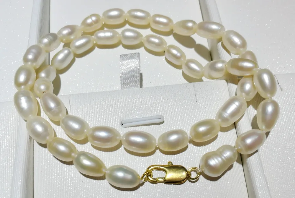 Women Jewelry natural pearl 7x8mm white oval rice pearl necklace real Natural freshwater pearl gift 17'' 42cm