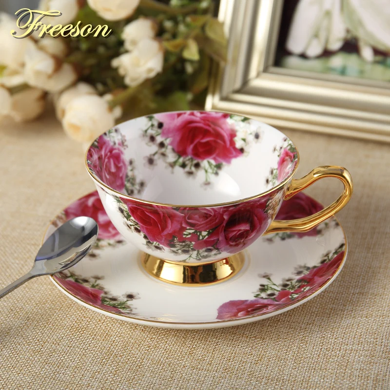 Pastoral Rose Bone China Tea Cup Saucer Spoon Set 200ml Europe Advanced Porcelain Coffee Cup British Ceramic Teacup Dropshipping