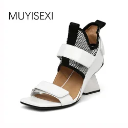 Summer Women Sandals Genuine Leather Sandalias Strange Wedge Shoes Woman High Heel Gladiator Sandals Women White HL095 MUYISEXI