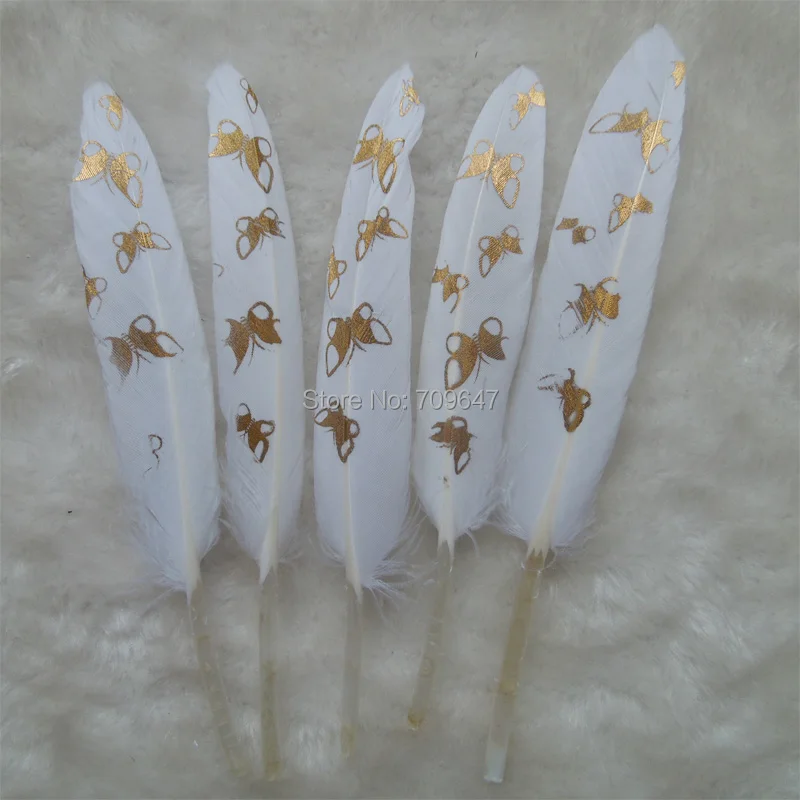 

50Pcs/Lot!Painted White Goose Feathers Golden Butterfly Paint Craft Plumes Unique Wedding