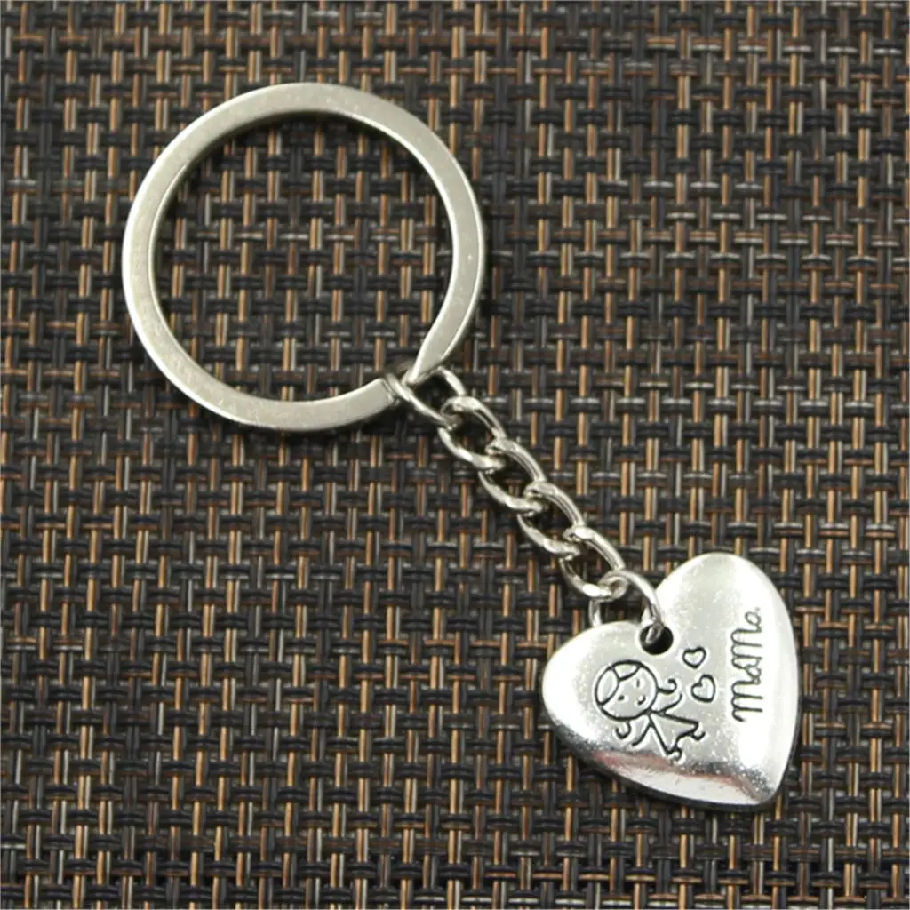 New Fashion Men 30mm Keychain DIY Metal Holder Chain Vintage Heart Mom Children 21x20mm Silver Color Pendant Gift