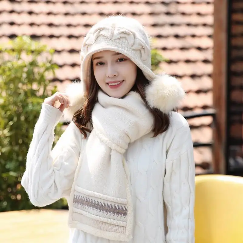 

Kagenmo All-Match Female Winter Hat Fashion New Year Gift Rabbit Fur Scarf Winter Knit Keep Warm Cap