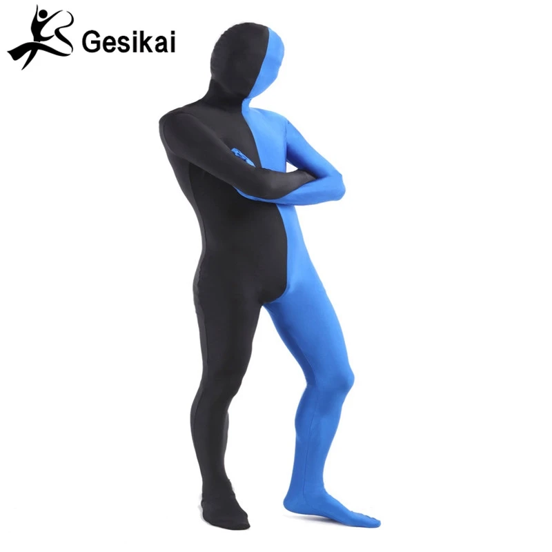 Men's Adult Full Zentai Bodysuit Mixed Color Spandex  Zentai Tights Suit Left Blue and Right Black Halloween Costume