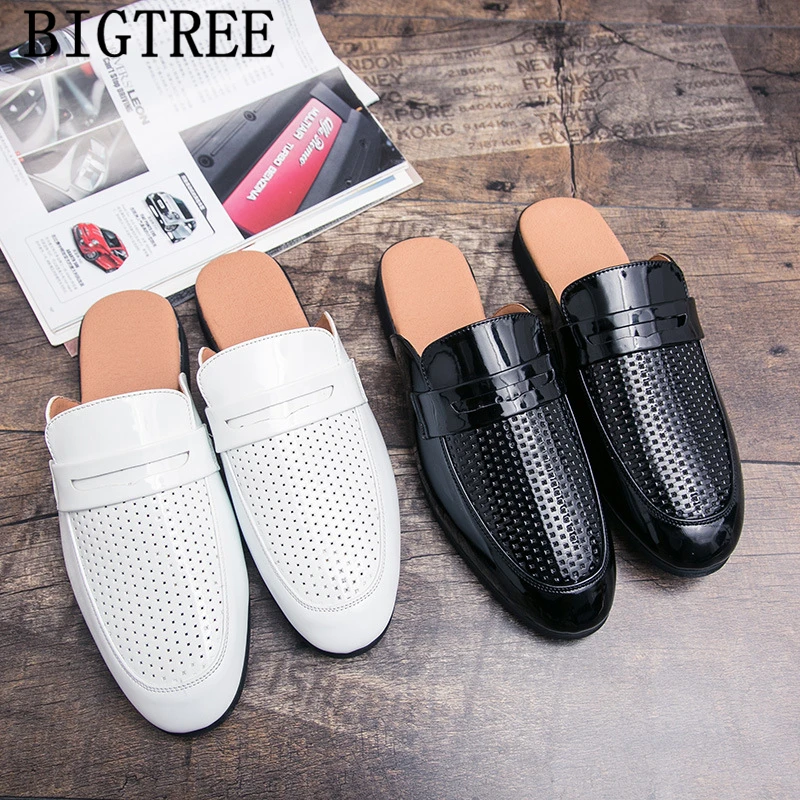 Summer Men Slippers Patent Leather Slippers Mule Masculino Men Half Shoe Breathable Shoes Sepatu Slip On Pria Chaussure Homme