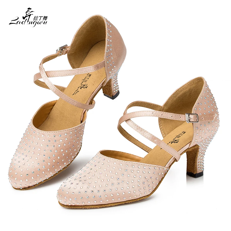 

Ladingwu New Brand Satin and Rhinestone Closed Toe Ballroom Dance Shoes Beige/Black Shoes For Women Latin Salsa Dance Shoes