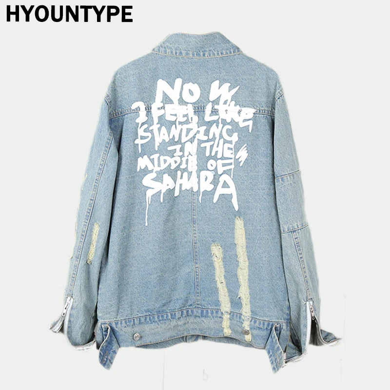 Letters Print Destroyed Hole Jean Jacket Coat Men Zipper Open Sleeve Distressed Denim Streetwear Autumn Hip Hop Outerwear Jacket