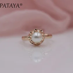 PATAYA New Arrivals Special Offer 585 Rose Gold Color Rings Women Round Imitation Pearls Hollow Engraved Wedding Jewelry Gift