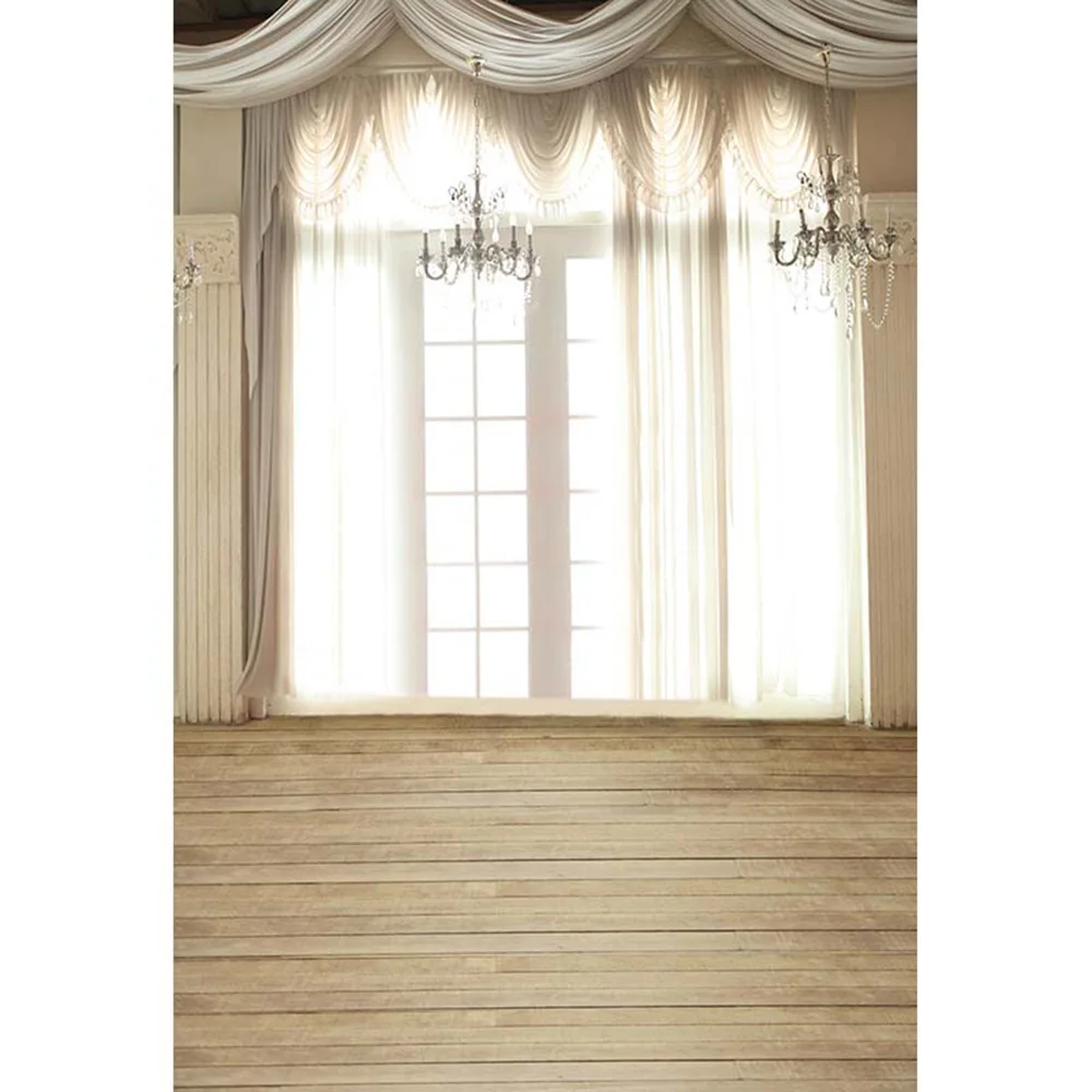 Bright Window Vinyl Wedding Background Photography Printed Curtains Crystal Chandeliers Retro Photo Studio Backdrop Wooden Floor