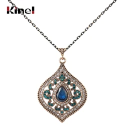 Kinel Fashion Blue Crystal Pendant Necklace For Women Ancient Gold Color Bohemia Pendant Daily Fine Ethnic Vintage Jewelry