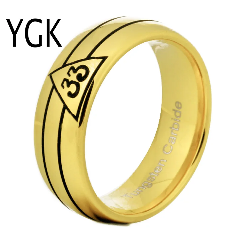 YGK Brand 8MM Golden Dome 33rd Degree Masonic New Men's Tungsten Carbide Wedding Ring