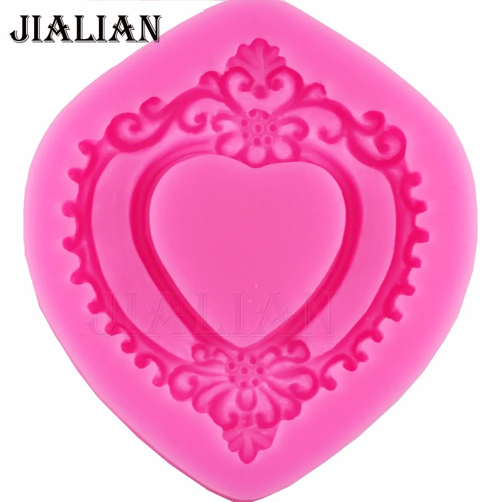 Hot Vintage Love Heart Shape Mirror Frame 3D Silicone Mold Fondant Chocolate Molds Cake Decorating Tools T0730