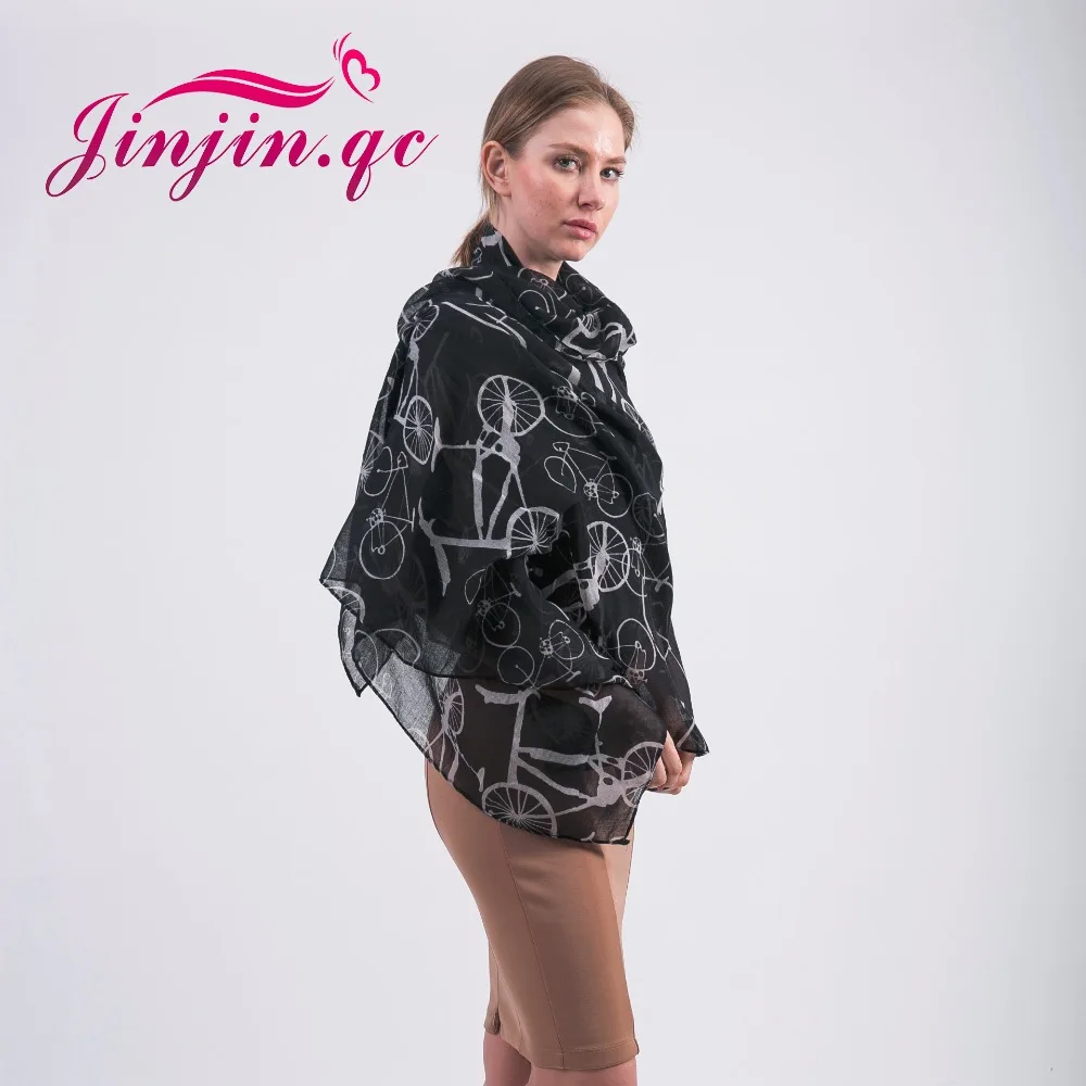 Jinjin.QC 2019 New Fashion Vintage Women Bicycle Scarf Print Scarves and Shawl Lady Black Llight Blue Blue and Pink Colors