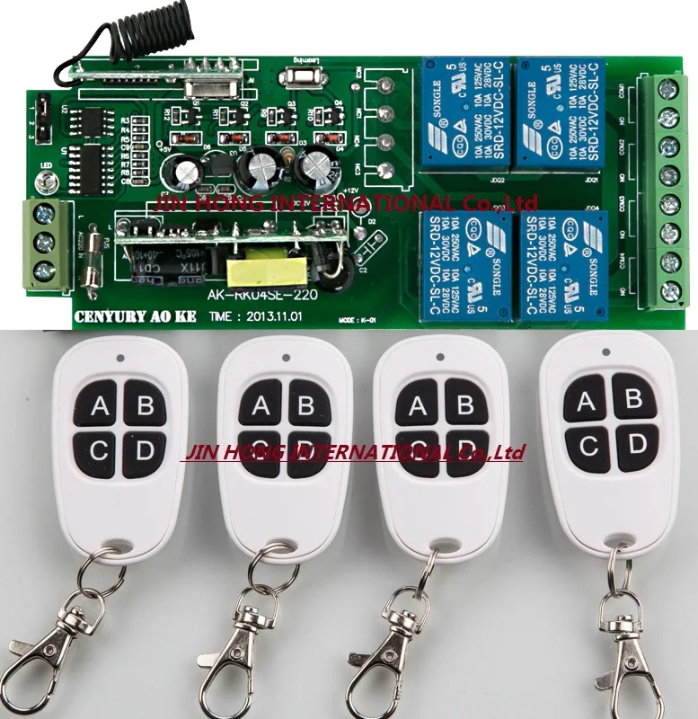 

New Radio Remote Control Switch AC85v~250V 110V 220V 230V 4CH Receiver 4* White 4 keys Waterproof Push Button Transmitter