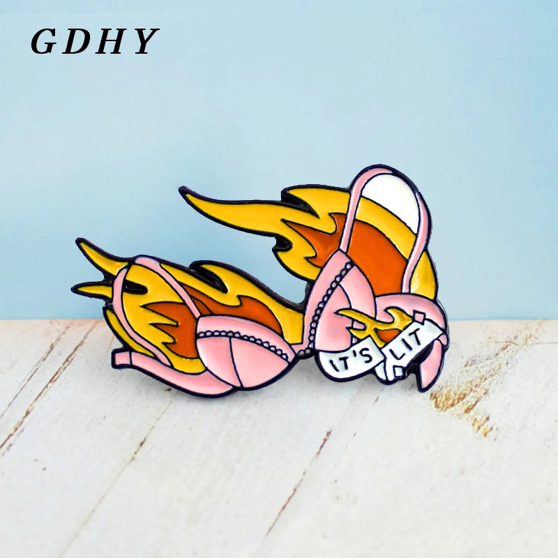 GDHY IT'S LIT Bra Brooch Sexy Pink Shiny Bra Flame Lit Bra Badge Enamel Pins Denim Shirt Cute  For Girl Women Couple Love Gifts