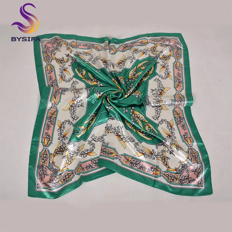 [BYSIFA] Silk Scarf Winter Women Green White Head Hijab Scarves Shawls New Floral Design Kerchief Bandana Satin Square Scarves