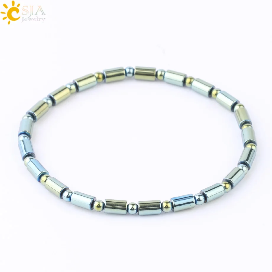 CSJA Fashion Hematite Bracelet Magnetic Elastic Weave Adjustable Bracelets Square Cylindrical Healthy Bangles for Men Women F623