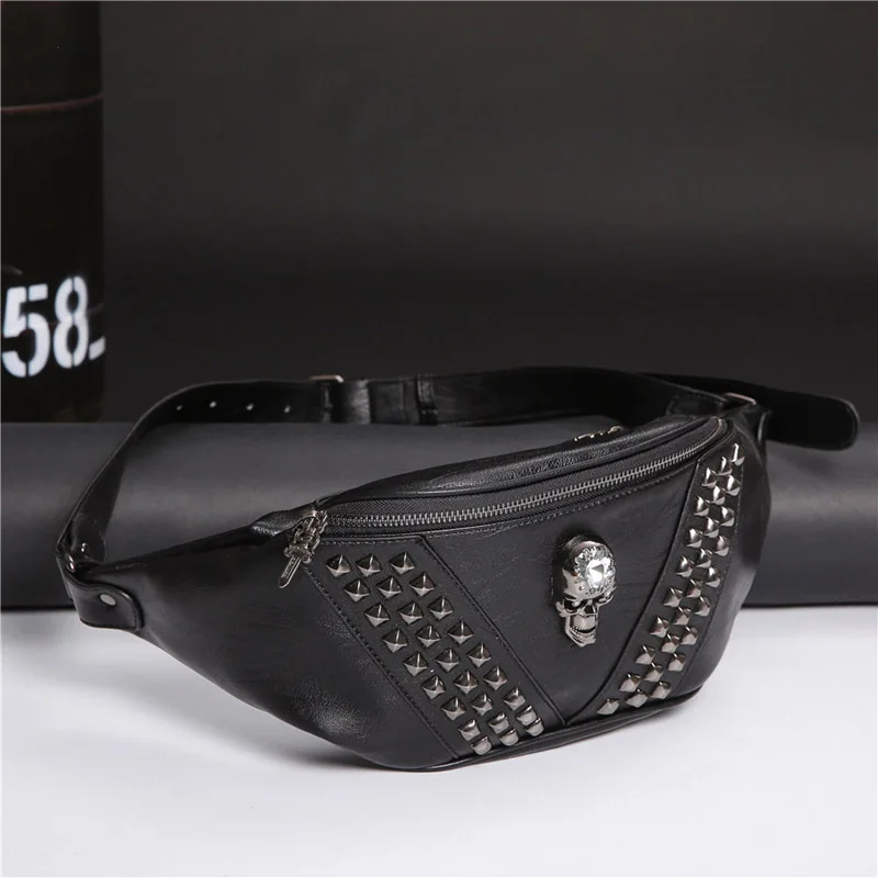 Annmouler Unisex Waist Bag Pu Leather Punk Travel Phone Belt Bag Women and Men Fanny Pack Shoulder Bag Skull Fashion Hip Bag