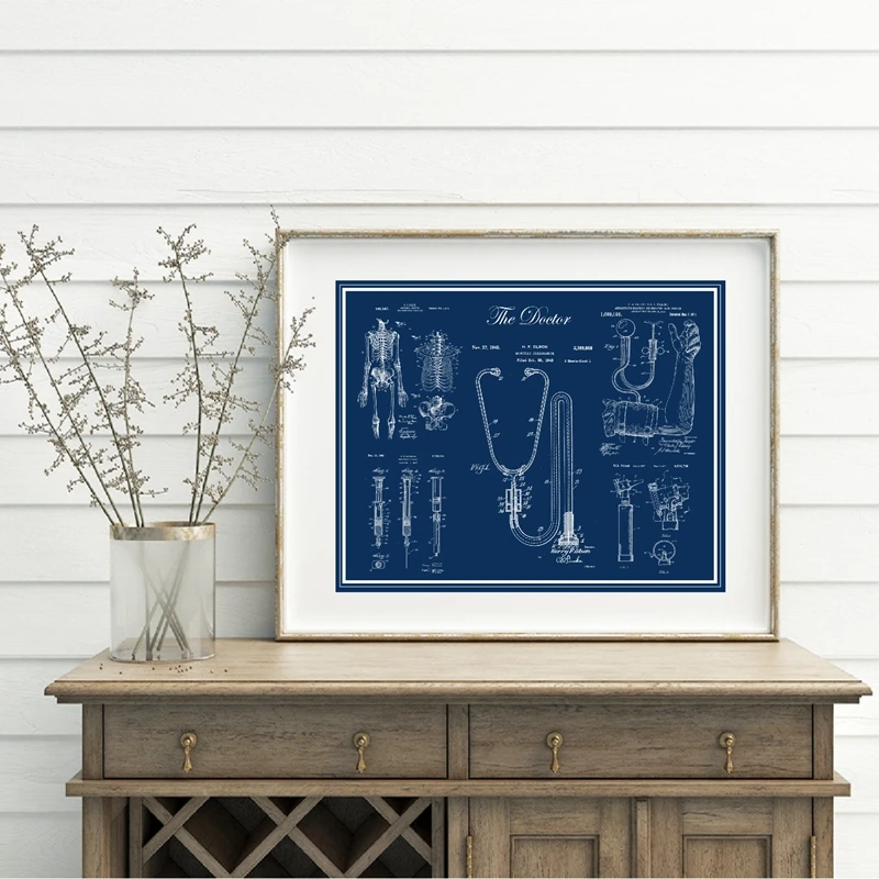 Doctor Office Decor Syringe Stethoscope Blueprint Print Posters Medicine Student Gift Medical Patent Design Canvas Painting