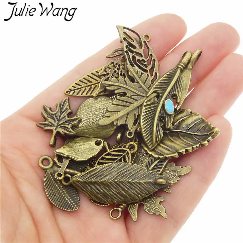 Julie Wang 10PCS Randomly Mix Vintage Leaves Charms Alloy Antique Bronze Leaf Bracelet Jewelry Making Pendant Accessory