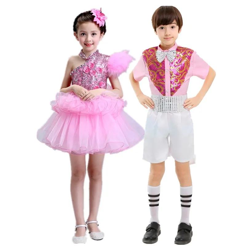 New sequin khiêu vũ váy hoa phù hợp với chàng trai cô gái màu hồng công chúa Dresses xù xì gạc ba lê tutu latin cho trẻ em trang phục biểu diễn