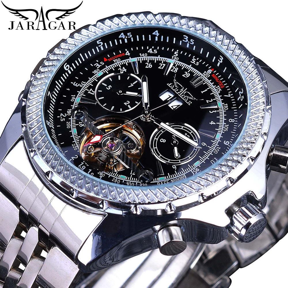 Jaragar Military Sport Automatic Self-Wind Watches Mens Silver Black Steel Band Calendar Analog Mechanical Watch Clock Relogios