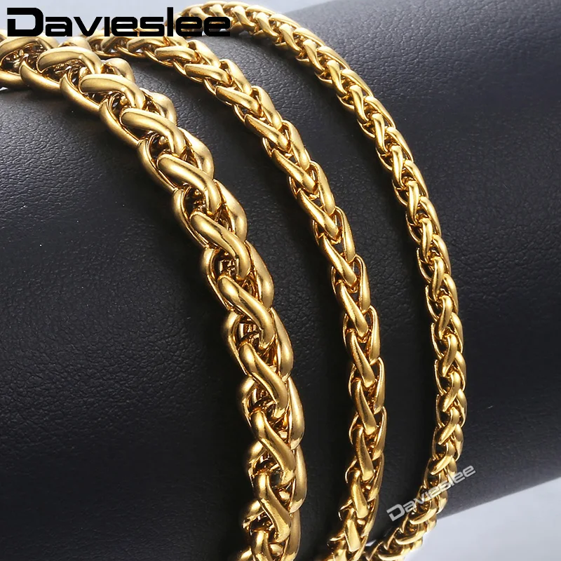 Davieslee Bracelets For Women Men Gold Color Braided Wheat Chain Stainless Steel Bracelet Fashion Woman Jewelry Wholesale KBM138