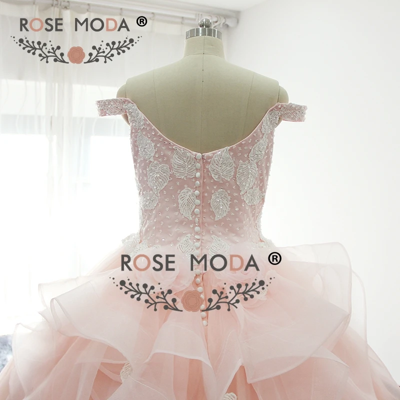 Rose Moda Tắt Shoulder V Neck Blush Pink Peach Puffy Quinceañera Dresses Bling Chính Thức Đảng Dress Bóng Váy