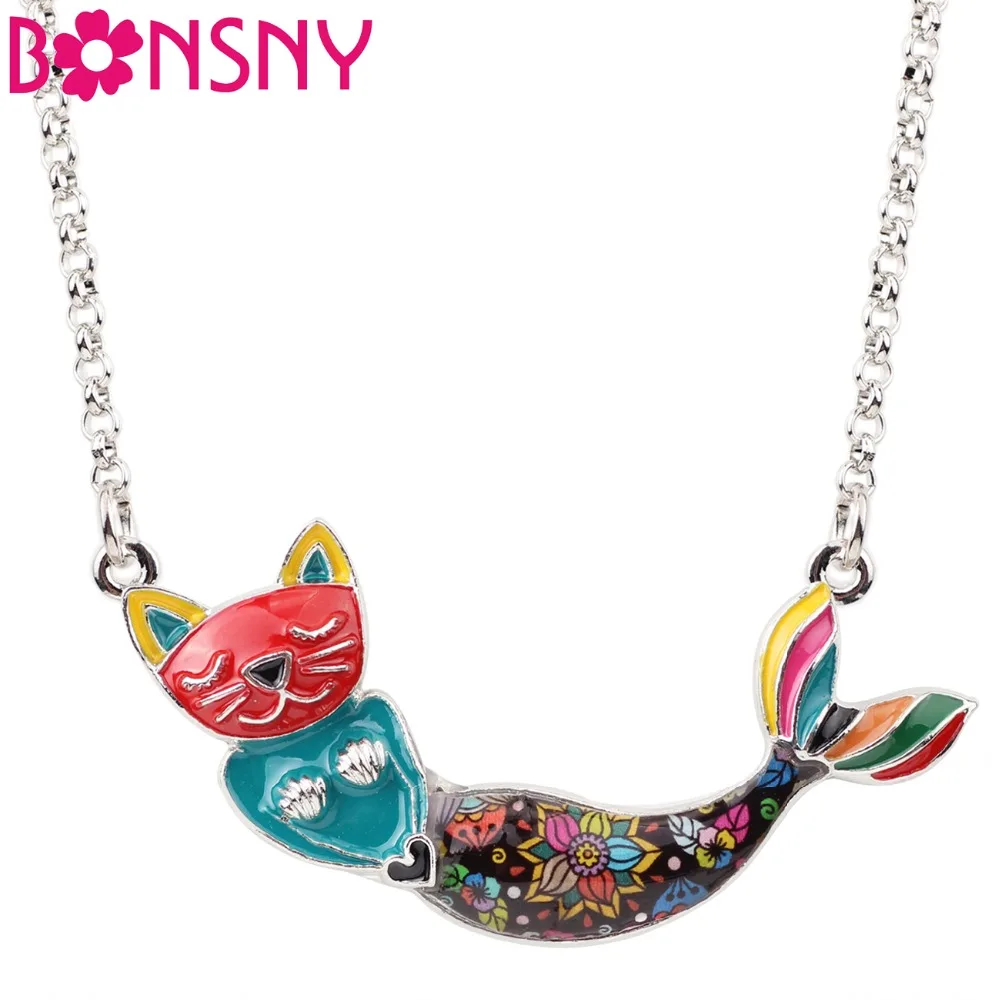 

Bonsny Enamel Statement Metal Chain Cat Mermaid Necklace Pendants Choker Collar 2017 News Fashion Maxi Jewelry For Women