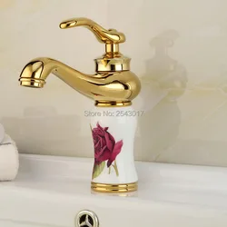 Golden Flower Ceramic Body Bathroom Faucet Single Hole Hot Cold White Deck Mounted Basin Tap ZR481