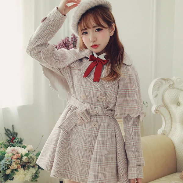 Princess sweet lolita coat BoBON21 Original design winter student cloak shawl Vintage British grid Woolen Trench coat C1272