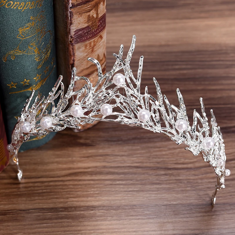 Silver Color Crystal Branch Baroque Bridal Crown Leaf Diadem Pearl Tiaras Headband For Women Wedding Hair Accessories