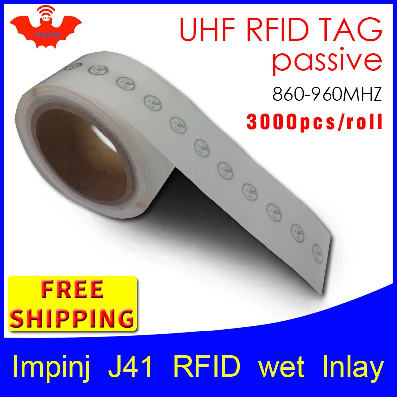 UHF RFID-метка, наклейка Impinj J41 EPC6C, мокрая инкрустация 915mhz868mhz860-960MHZ Higgs3 3000 шт., бесплатная доставка, клейкая пассивная RFID-этикетка