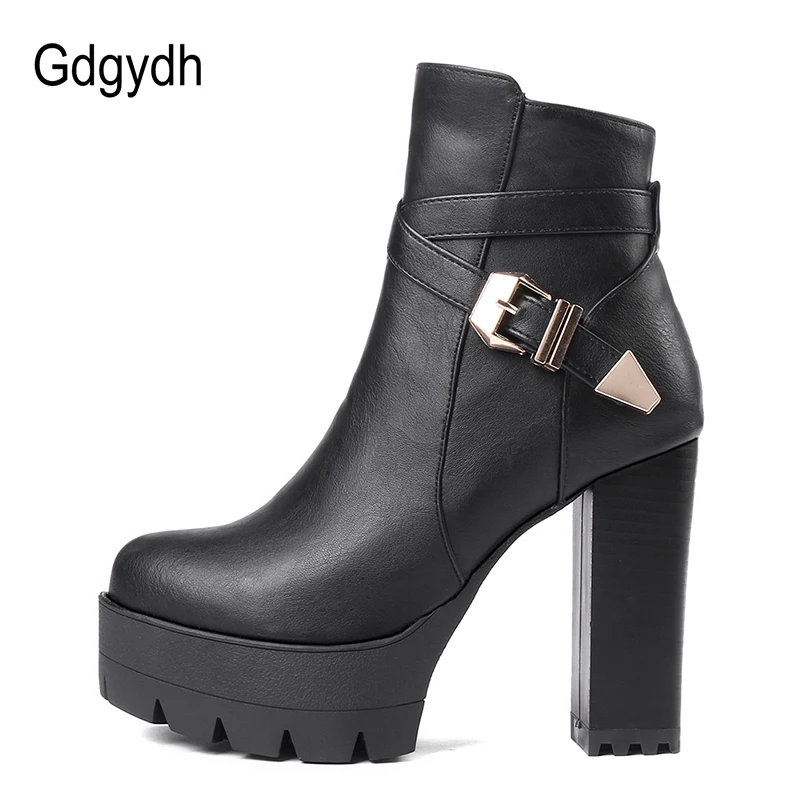 Gdgydh Sping Autumn Platform Ankle Boots Woman Black Leather Shoes Female High Heels Boots Ladies Shoes For Party Big Size 43