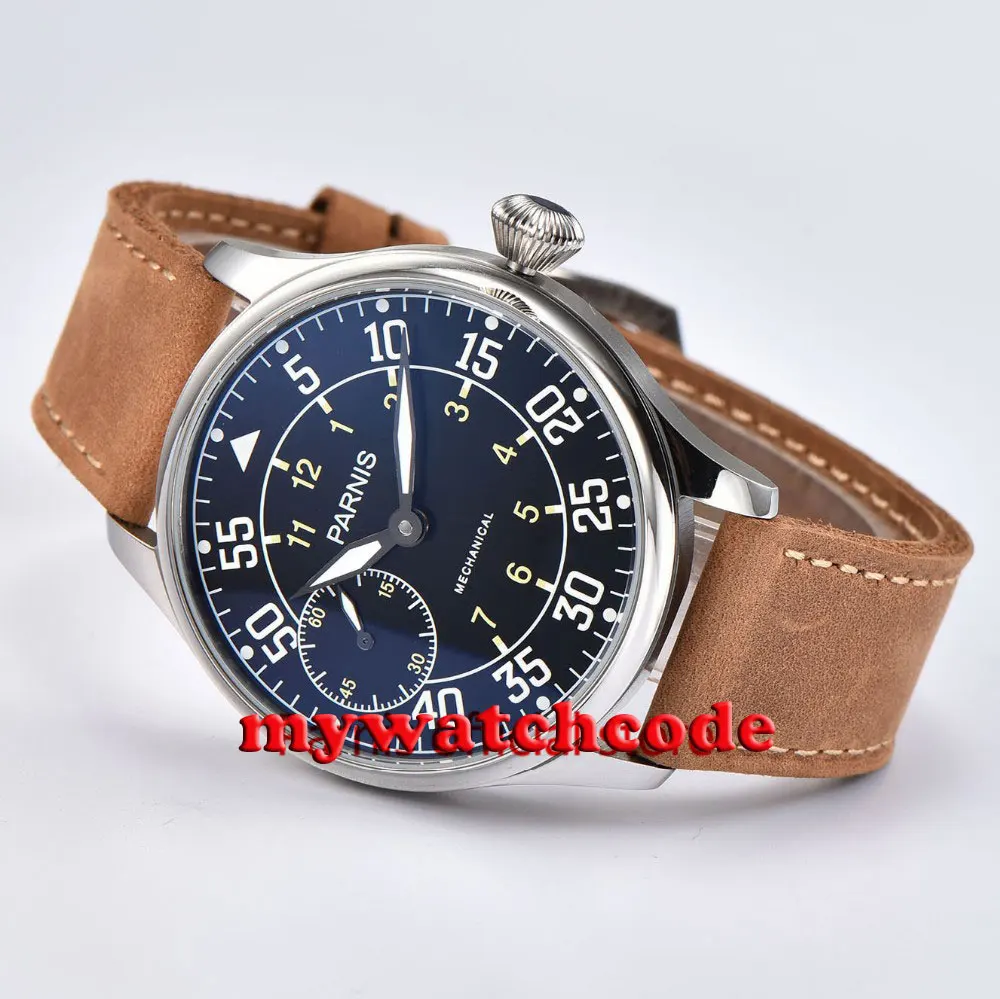 PARNIS-reloj mecánico de cuerda manual para hombre, pulsera con 17 joyas, movimiento luminoso, Correa Camel, 44mm, a la moda, 6497