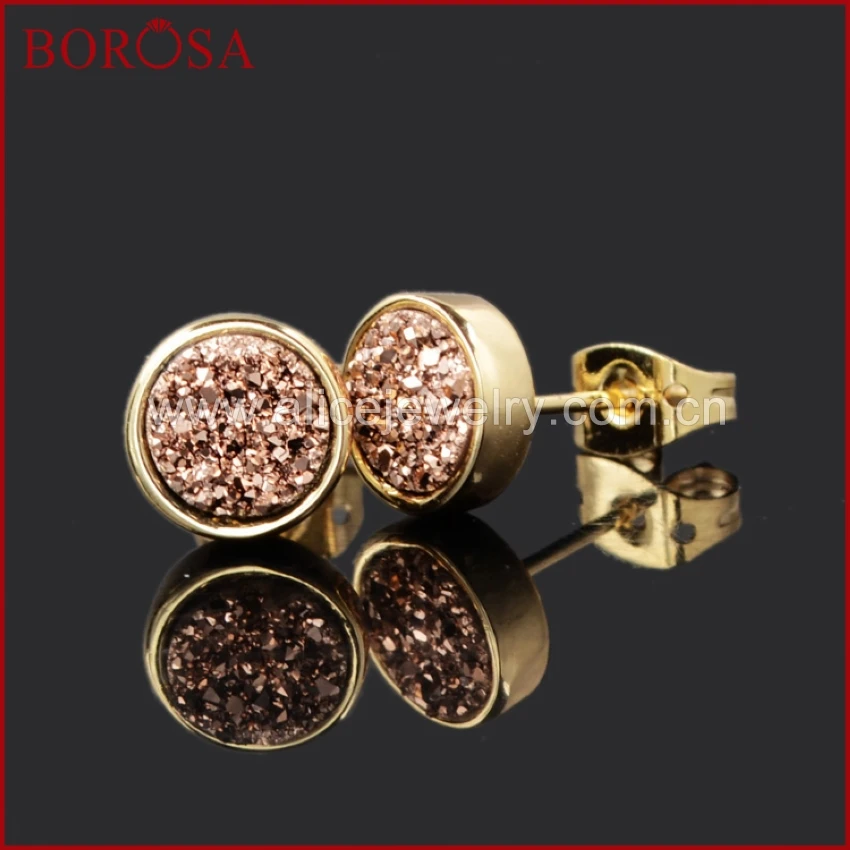 

BOROSA 8mm Quartz Crystal Studs Golden Color Natural Blue Titanium AB Fashion Stud Earrings Women Anniversary Gifts G0198-5