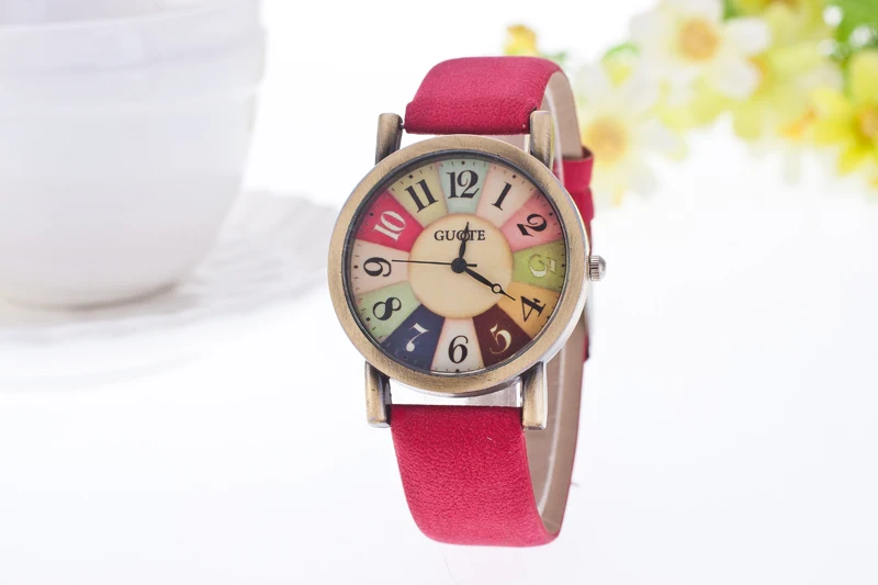 New Famous Brand Vintage Casual Quartz Watch Women Leather Strap Dress Watches Relogio Feminino Rainbow Color Number Clock Hot