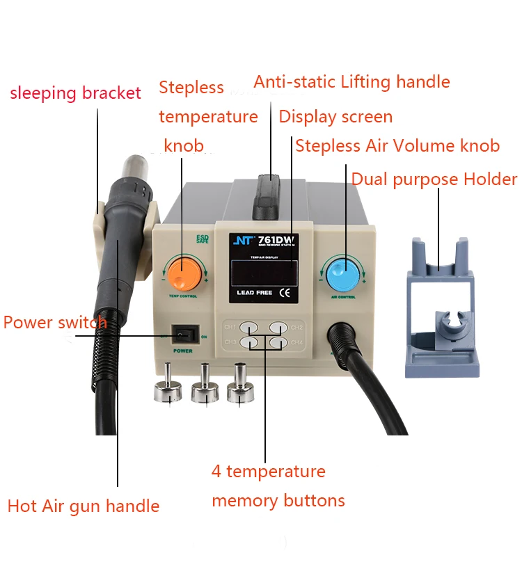 761DW 700W Quick Soldering Digital Rework Station Hot Air Gun 100-450℃