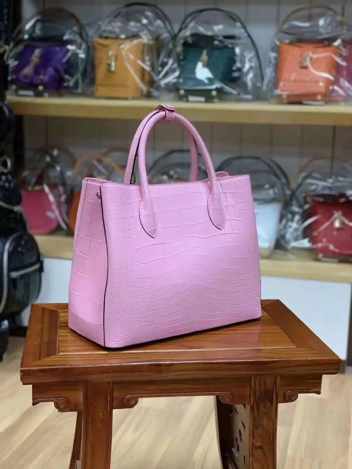 100% genuine crocodile skin  leather women tote handbag matt belly crocodile skin pink beige color stock with cow lining