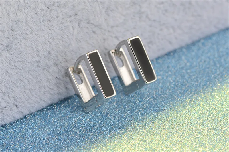 Child Fashion 925 Silver Black Square Enamel Small Stud Earring For Baby Girl Women Beautiful Loop Huggies Earring Jewelry