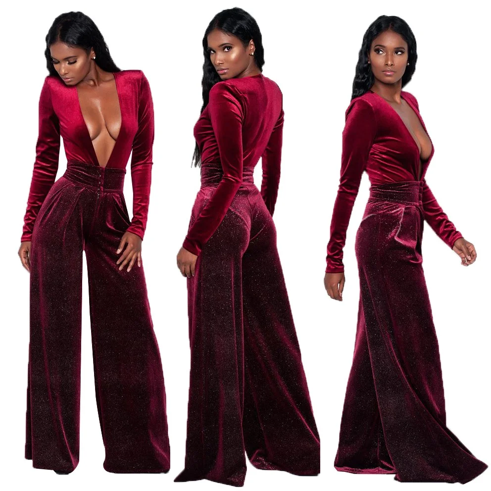 2019 Mode Effen kleur Vrouwen Jumpsuit Sexy Diepe V-hals Plus size Kleding