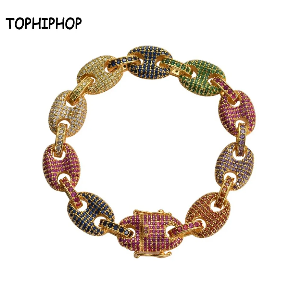 

TOPHIPHOP 12mm Rainbow Cuban Chain Micro Dense Colorful AAA + Cubic Zirconia Bracelet Men's Hip Hop Jewelry Bracelet