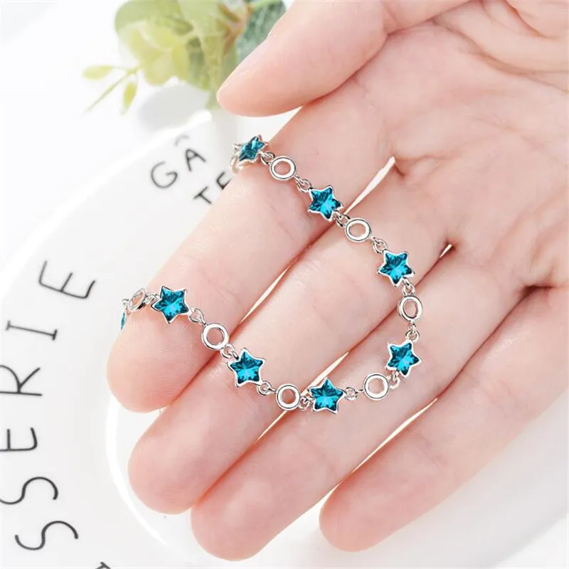 New Arrival Fashion Atmosphere Flash 925 Sterling Silver Jewelry Blue Five-pointed Star Crystal Sweet Bracelets SL025
