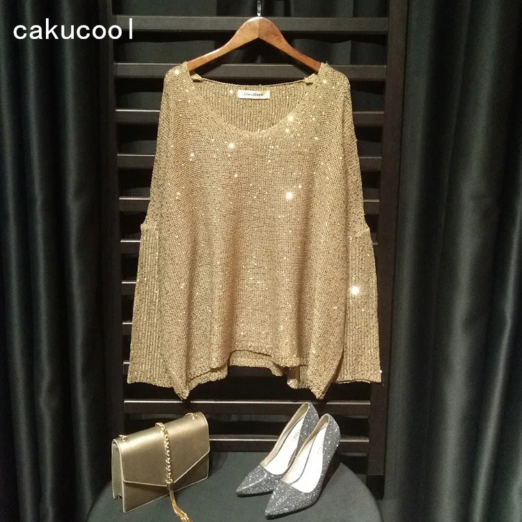 Cakucool Shiny Lurex Knit Tops Women Batwing Long Sleeve Big O-neck Sequined Sweaters Shiny Loose plus size Women Jumper 8color