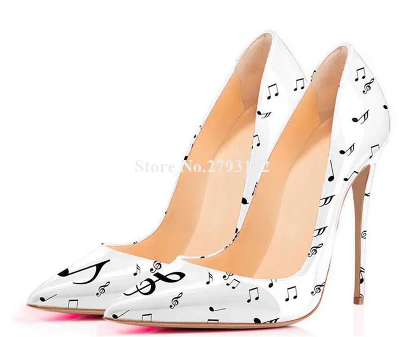 Brand Design Patent Leather Pointed Toe Music Notes Printed Stiletto Heel Pumps White Black High Heels Formal Dress Shoes