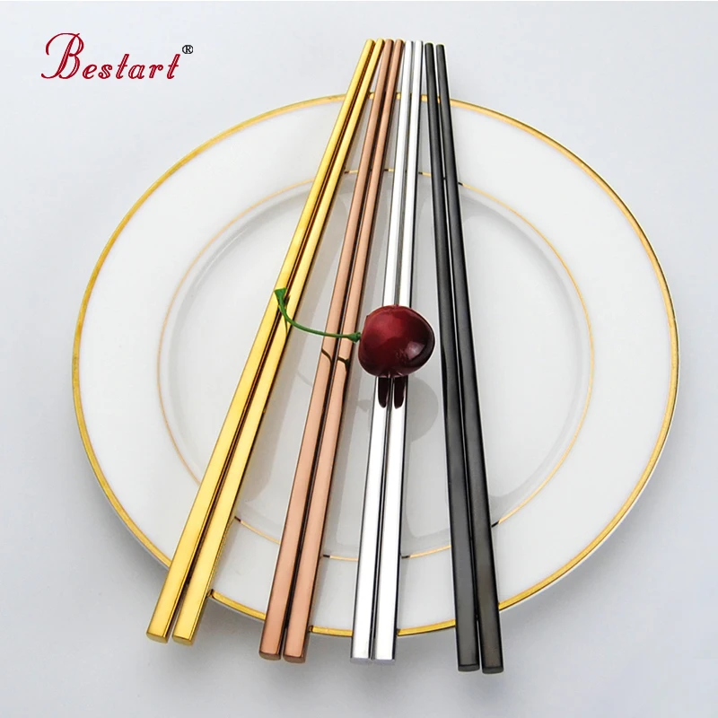 Hot Chinese Chopsticks Metal Gold Stainless Steel Square Stick Sushi Chinese Noodle Chop Sticks Long Baguette Cool Eating Tool