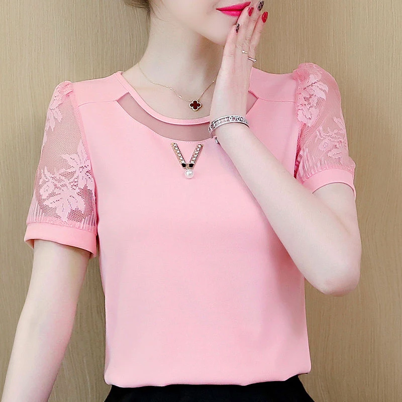 Women Spring Summer Style Chiffon Blouses Shirts Lady Casual Lace Short Sleeve O-Neck Blusas Tops DF2786