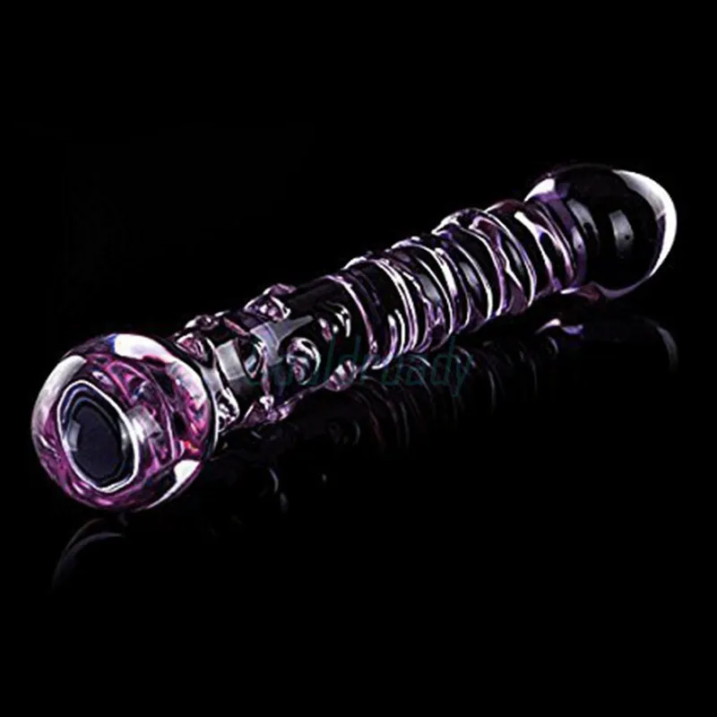 Double Ended Crystal Purple Pyrex Glass Dildo, Artificial Penis Granule and Spiral G Spot Simulator Adult Sex Toys for Woman