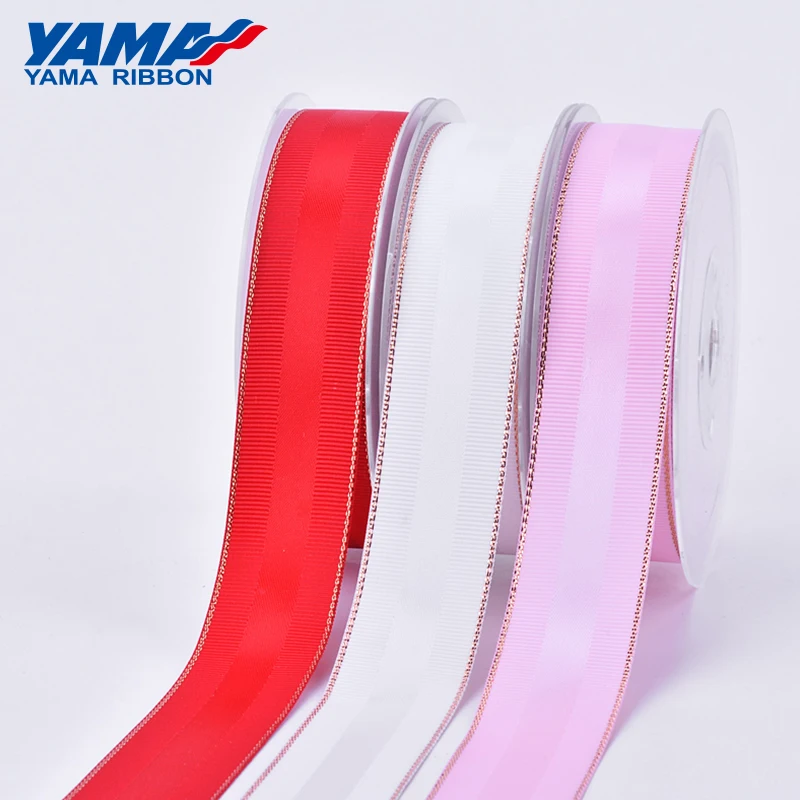 YAMA-Grosgrain Satin Ribbon, Pink Gold Edge, Christmas Ribbons, Hair Bow, Party, 9mm, 16mm, 25mm, 38mm, 3/8, 5/8, 1, 1-1/2 inch